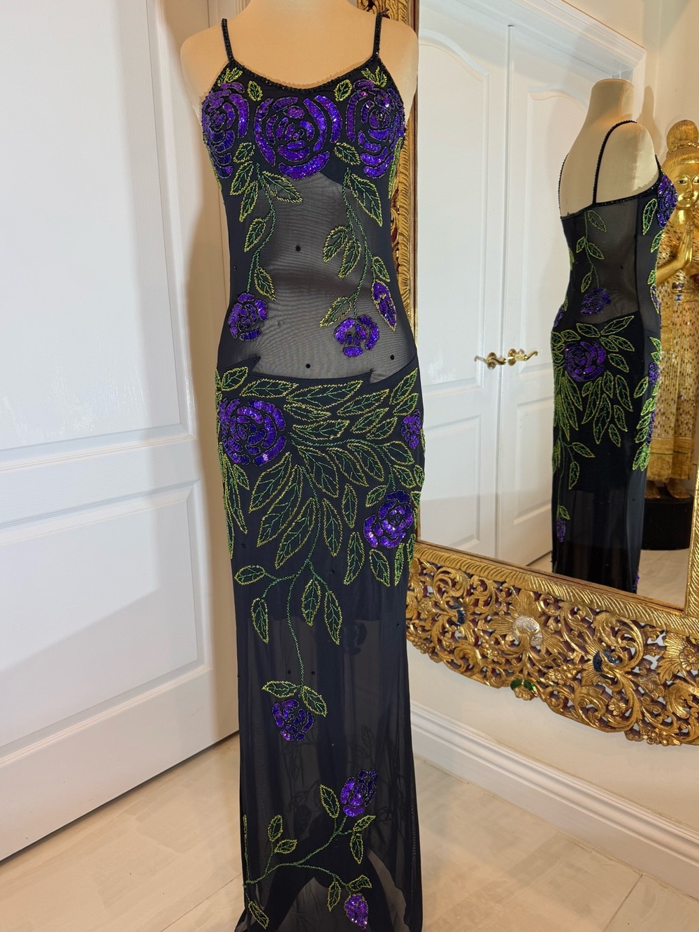 Stunning Black Sheer stretch Maxi Dress with Purple hand beaded‎ Floral design.